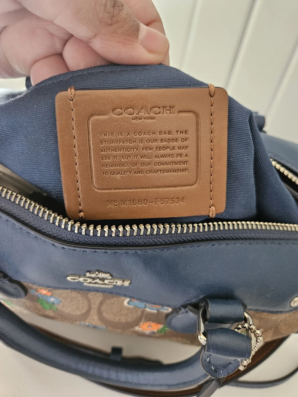 Coach Tan Signature Floral Satchel with Blue Trim and Matching Wallet